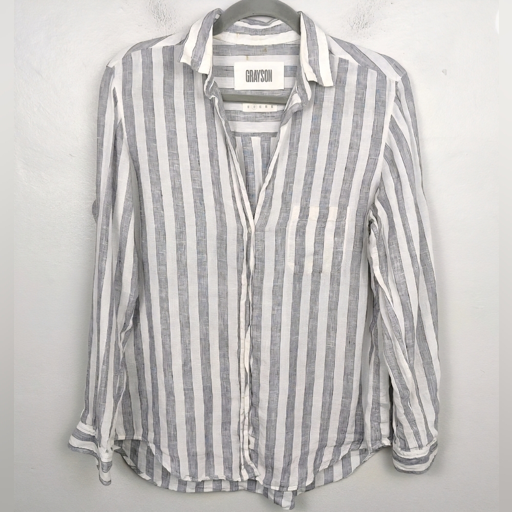 Grayson The Hero Top Womens Size 3 Gray White Striped 100% Linen Beachy